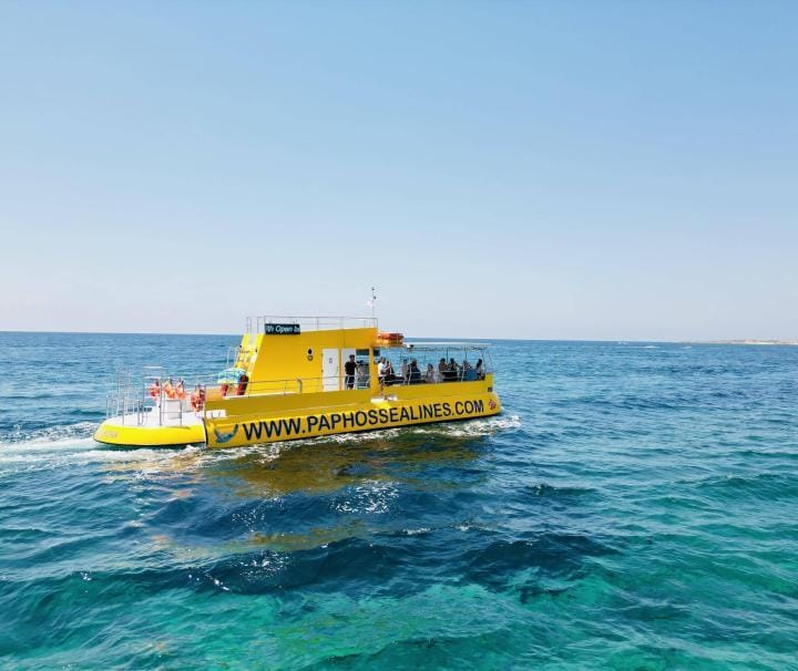 Yellow Submarine boat in Paphos with glass-bottom view